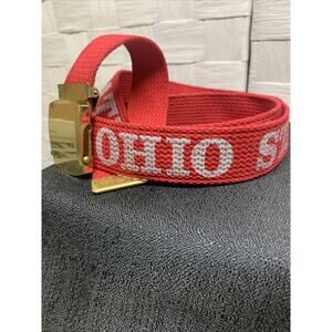 Vintage Ohio State Adjustable Red/White Belt Solid Brass Buckle 41 Inches Long